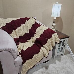Handmade Chevron Ripple Afghan Burgundy Cream 51x57 Grandmacore Cottagecore Cozy